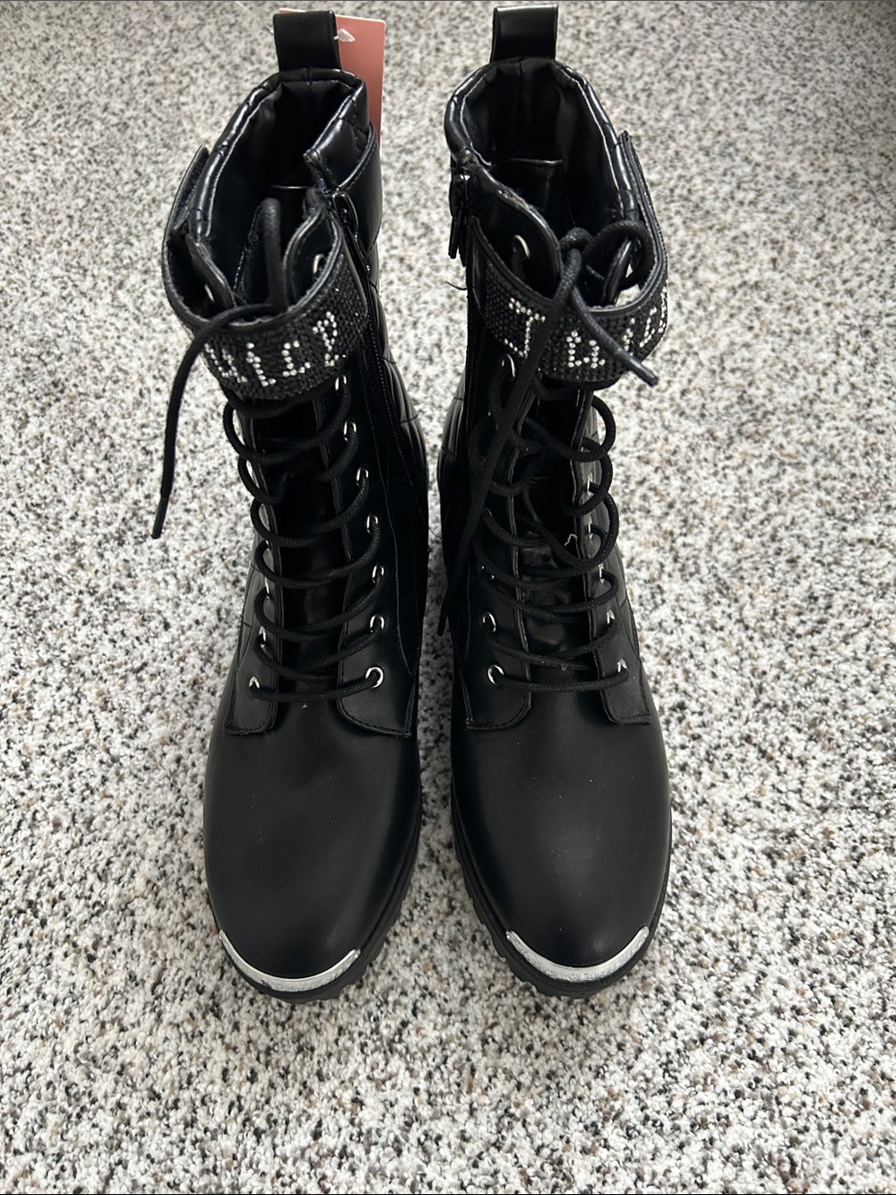 Juicy Couture Black Lace-Up Combat Boots with Rhinestone Ankle Strap